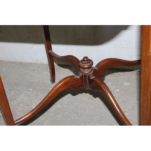 131 - Edwardian solid mahogany and inlaid occasional table of unusual shape with cross form stretcher on s... 