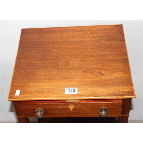 132 - Edwardian small mahogany inlay banded side table with drawer and shelf below and an Edwardian circul... 