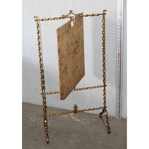 134 - Mid 19c French hand gilded wrought iron framed fire screen with reversible and rotating floral tapes... 