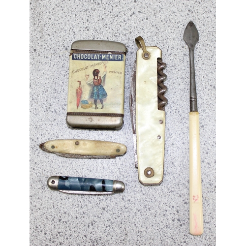 1627 - An unusual vintage Chocolat Menier advertising vesta case, 3 penknives etc