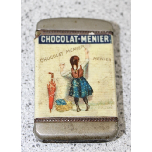 1627 - An unusual vintage Chocolat Menier advertising vesta case, 3 penknives etc