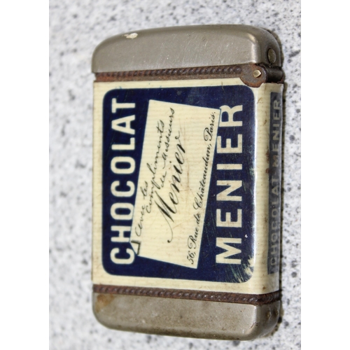 1627 - An unusual vintage Chocolat Menier advertising vesta case, 3 penknives etc