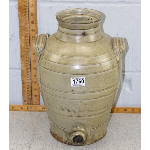 1760 - Large 19c continental glazed earthenware olive oil/wine jar with loop handles approx. 38 cm