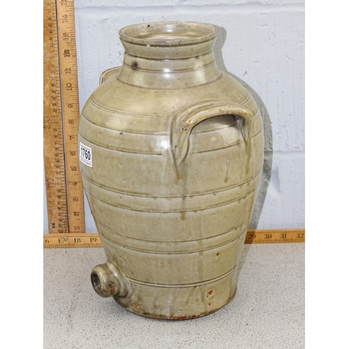 1760 - Large 19c continental glazed earthenware olive oil/wine jar with loop handles approx. 38 cm