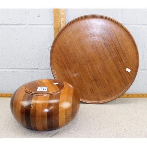 1762 - 1960’s large circular multi specimen striped wooden bowl with matching removable lid, and a large ci... 