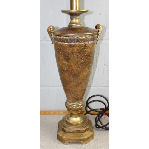 202 - Pair of large bronze effect urn shaped table lamps with cream coloured pagoda shaped shades approx. ... 