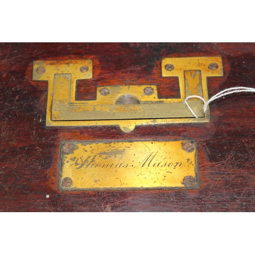 240 - An antique mahogany campaign box with recessed brass handle, named for Thomas Mason, likely early 19... 