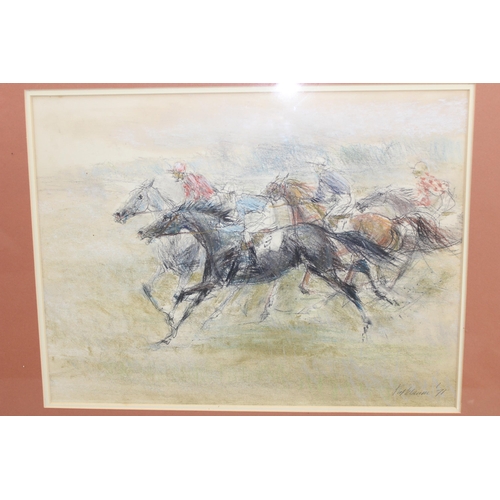 346 - Pastel and pencil drawing of a horse race, indistinctly signed lower right, and dated 1971