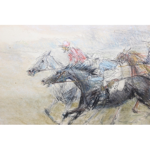 346 - Pastel and pencil drawing of a horse race, indistinctly signed lower right, and dated 1971