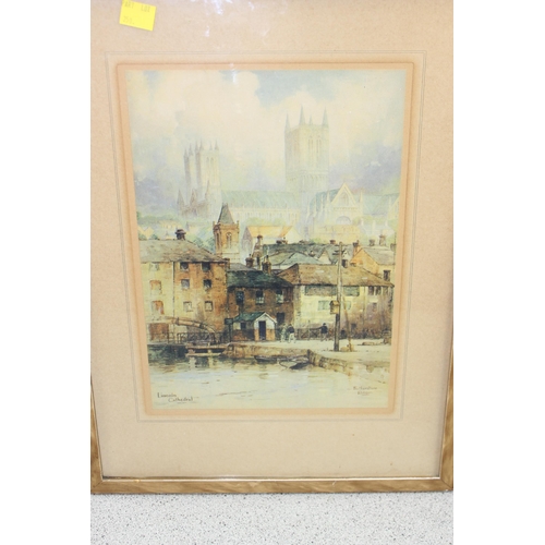 350 - 1950’s framed colour print of Lincoln Cathedral by Featherstone Robson and 
an early 20c etching/eng... 