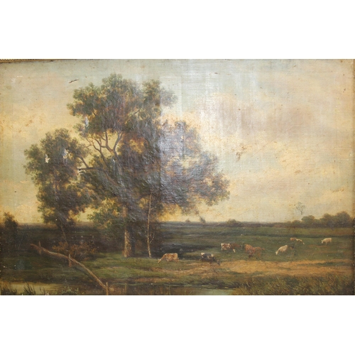 360 - Victorian oil of canvas in gilt frame of cattle grazing by a river, indistinctly signed, dated 1861