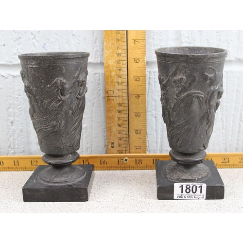 1825 - A pair of classical style bronze vases with relief decorated Bacchanalian scenes, on slate bases, ap... 