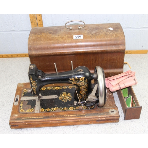 947 - Vintage hand-crank sewing machine in wooden case with key