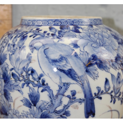 1668 - An antique Japanese blue & white vase decorated with birds and flowers, 6 character mark to the base... 