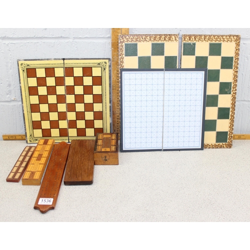 1536 - Qty of vintage gaming boards to inc chess and various cribbage boards etc etc