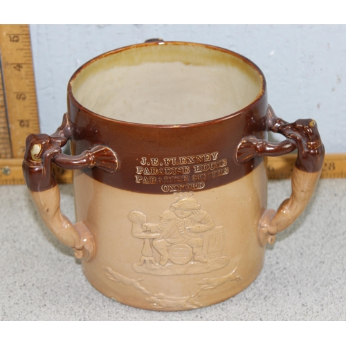 1633 - An impressive antique stoneware Royal Doulton type 3 handled tyg or loving cup with impressed advert... 