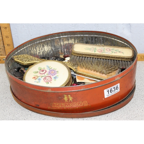 1636 - Vintage tin of buttons, dressing table set etc etc