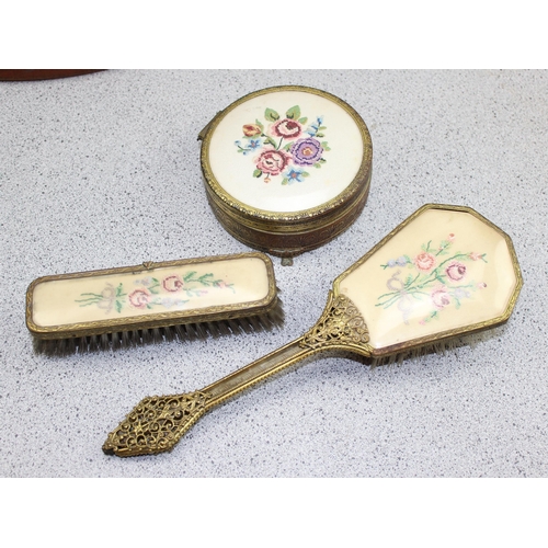 1636 - Vintage tin of buttons, dressing table set etc etc