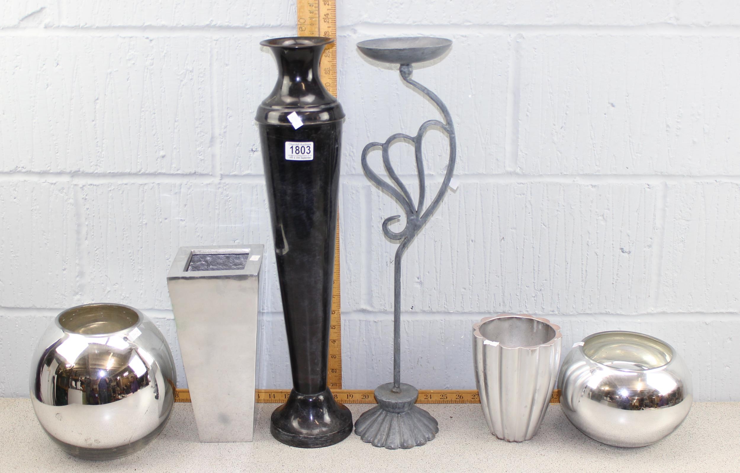 5 metal and metal effect vases and tall candle holder (6)