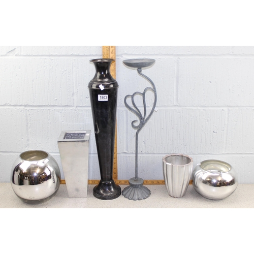 1803 - 5 metal and metal effect vases and tall candle holder (6)