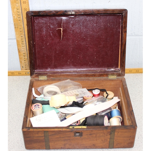 249f - Antique mahogany box with sewing related contents