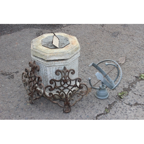 284 - Sundial on stand, cast iron garden basket hangers, metal armillary sphere type sundial