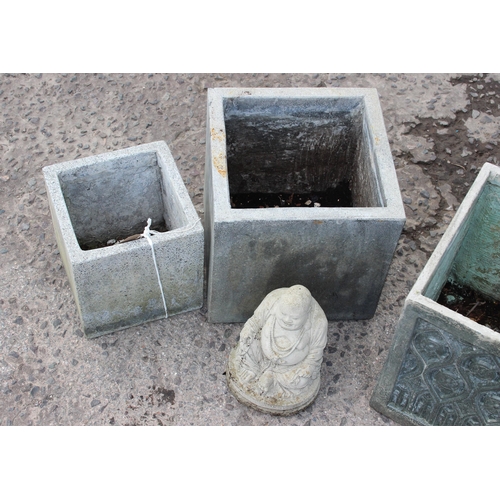 291 - 3 x square garden planters and a garden ornament of a buddha