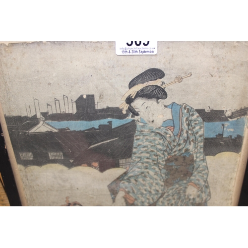 369 - Antique Japanese block print depicting a geisha and child, possibly signed Fujihiko?