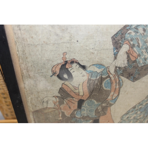 369 - Antique Japanese block print depicting a geisha and child, possibly signed Fujihiko?