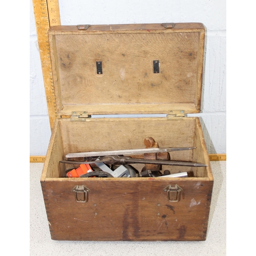 944 - Vintage wooden tool box and contents