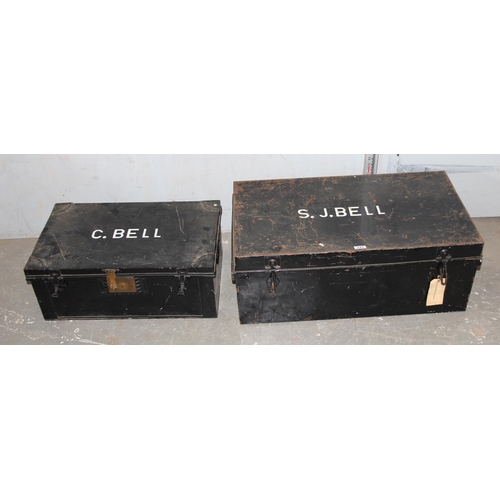 121 - 2 vintage painted metal military trunks, named C. Bell & S.J. Bell