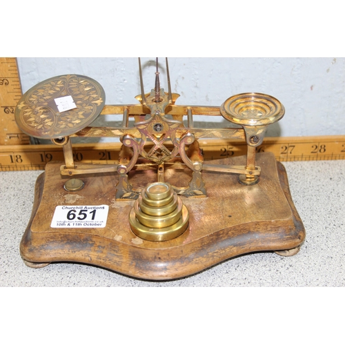 651 - A set of antique decorative brass and wooden letter scales with weights by Sampson Mordan