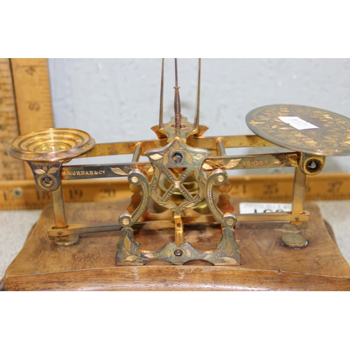 651 - A set of antique decorative brass and wooden letter scales with weights by Sampson Mordan