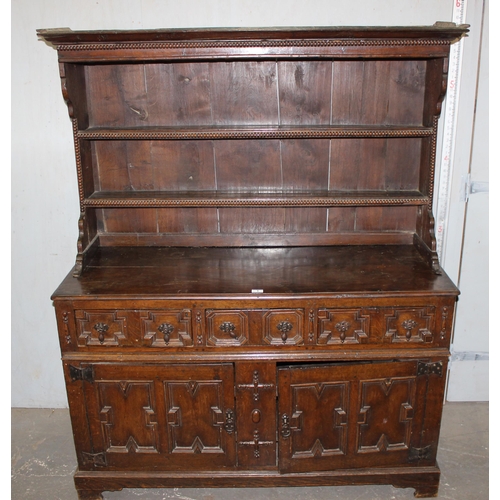 1 - A William & Mary period c.1690, oak and elm dresser with brass drop handles and carved details, appr... 