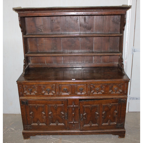 1 - A William & Mary period c.1690, oak and elm dresser with brass drop handles and carved details, appr... 