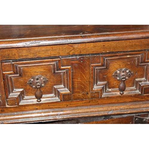 1 - A William & Mary period c.1690, oak and elm dresser with brass drop handles and carved details, appr... 