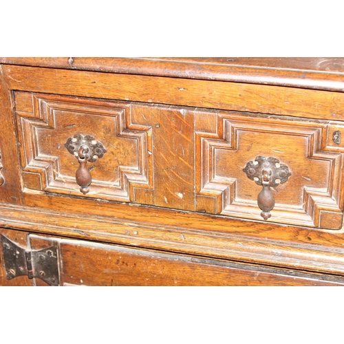 1 - A William & Mary period c.1690, oak and elm dresser with brass drop handles and carved details, appr... 