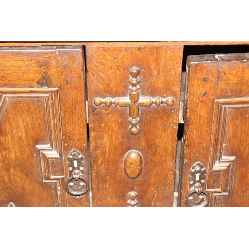 1 - A William & Mary period c.1690, oak and elm dresser with brass drop handles and carved details, appr... 