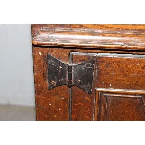 1 - A William & Mary period c.1690, oak and elm dresser with brass drop handles and carved details, appr... 