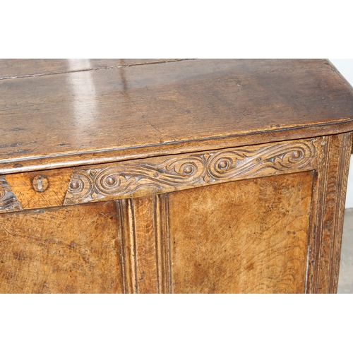 10 - Antique oak coffer with carved details and candle box to interior, 18th century or earlier, approx 1... 