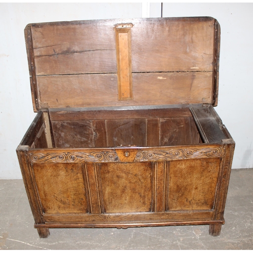 10 - Antique oak coffer with carved details and candle box to interior, 18th century or earlier, approx 1... 