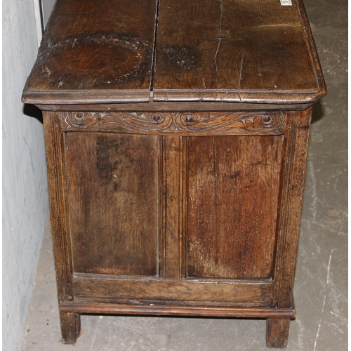 10 - Antique oak coffer with carved details and candle box to interior, 18th century or earlier, approx 1... 