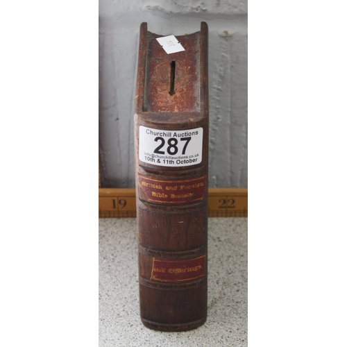 287 - A vintage wooden money box, British & Foreign Bible Society