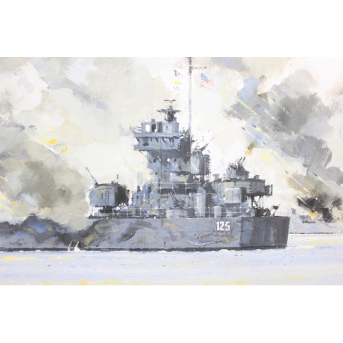 440 - Original oil on board painting of battleships, signed John S Smith