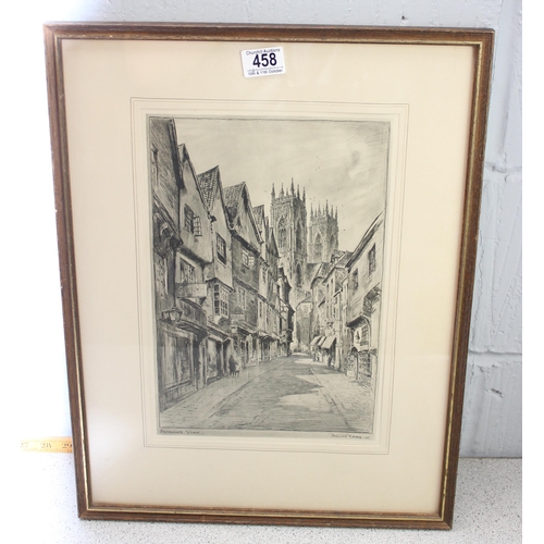 458 - Framed mounted and signed tinted print of Oxford high street by Valerie Petts and other pictures