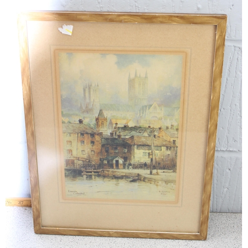 458 - Framed mounted and signed tinted print of Oxford high street by Valerie Petts and other pictures