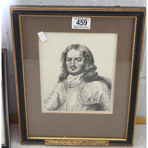 459 - A framed Victorian style print of Sir Henry Gage with local interest brass plaque, a framed Buckingh... 