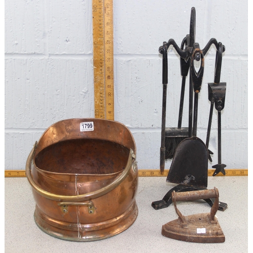 1799 - Mixed metal wear to include copper coal bucket and a flat iron