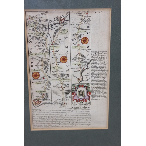 463 - 2 antique strip maps, Chester to Conway & Carmarthenshire, likely 18th century