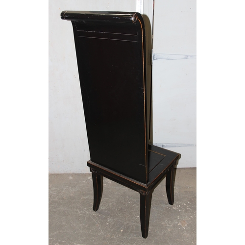 140 - An unusual Chinese ebonised high back wooden chair with brass scripted panels, approx 150cm tall